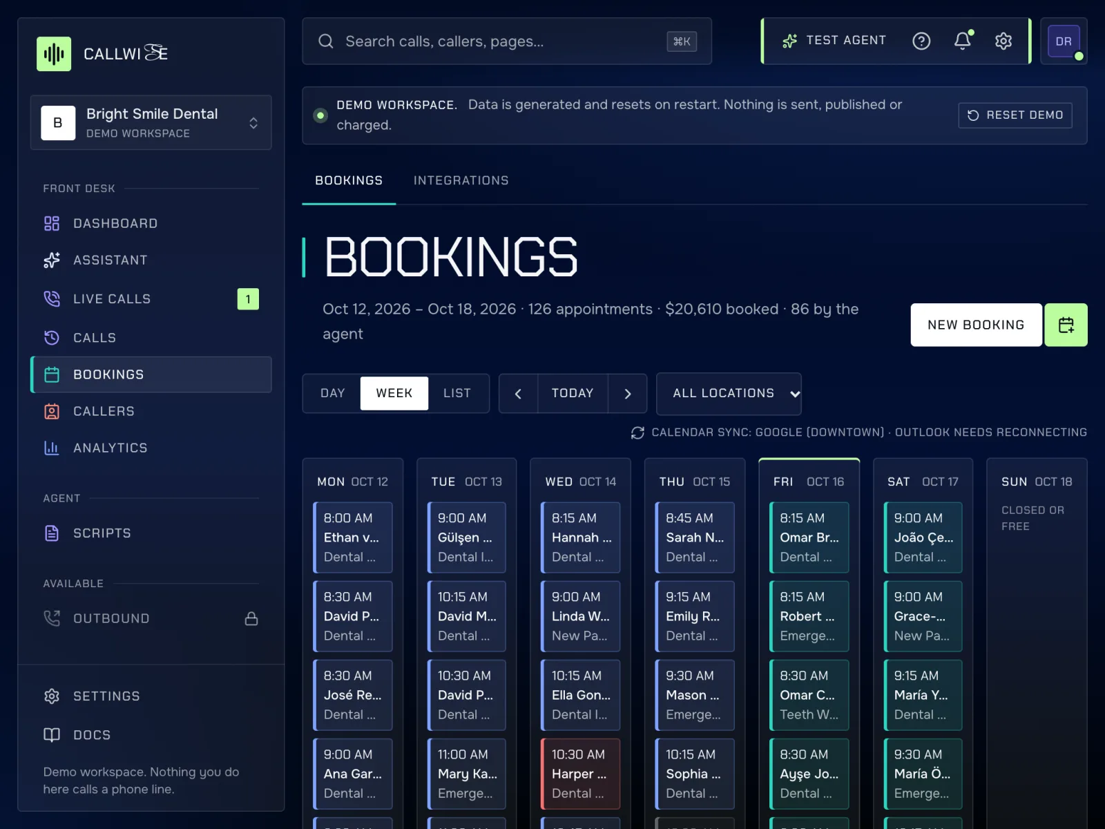 Callwise Bookings week calendar on an iPad (demo data).