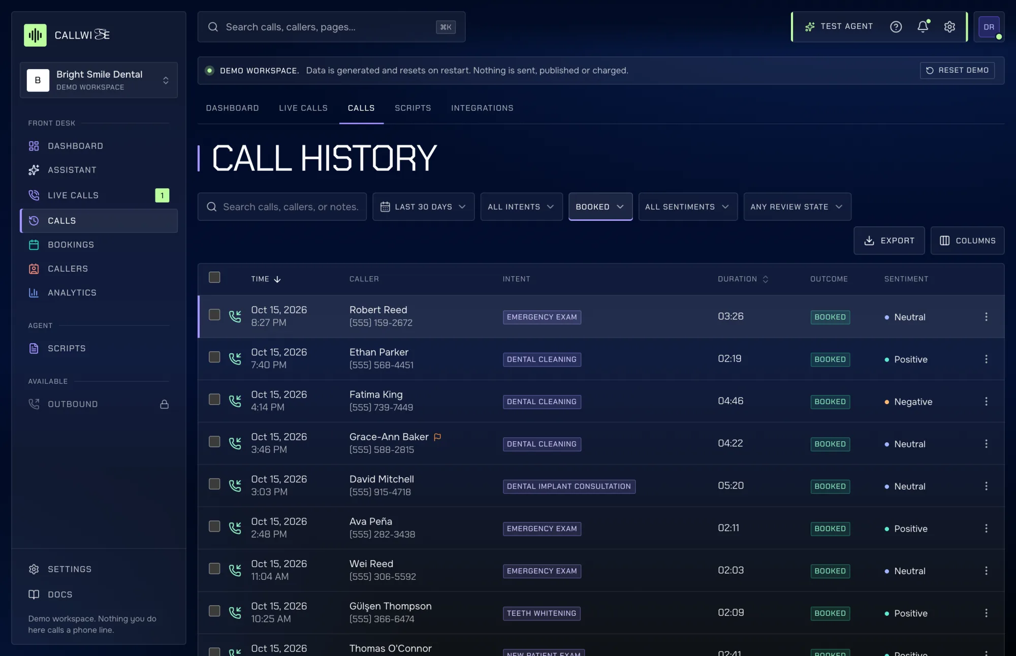 Callwise Calls page on a laptop: call history and the selected call’s transcript (demo data).