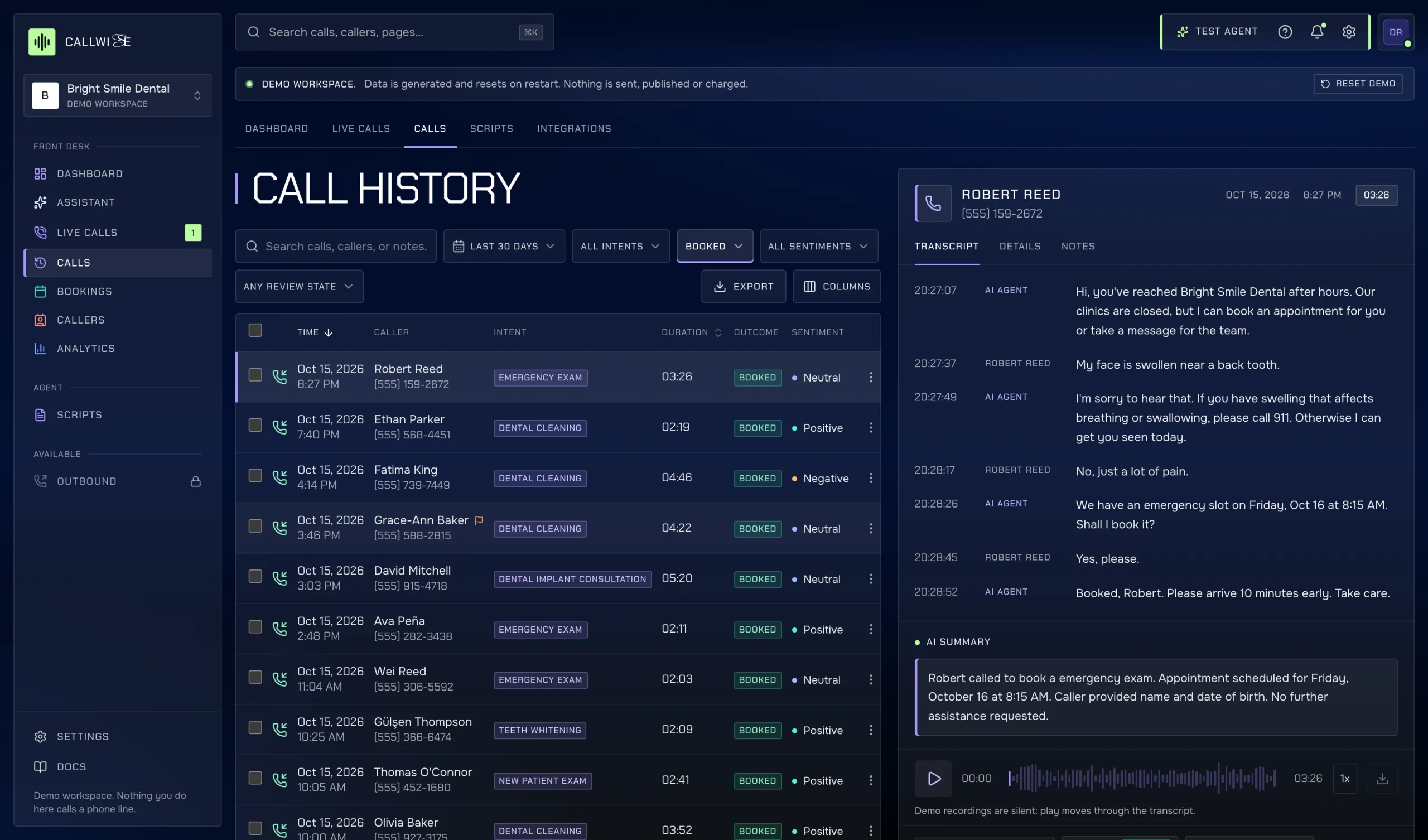Calls page: call history table and the selected call with transcript, AI summary and audio player.