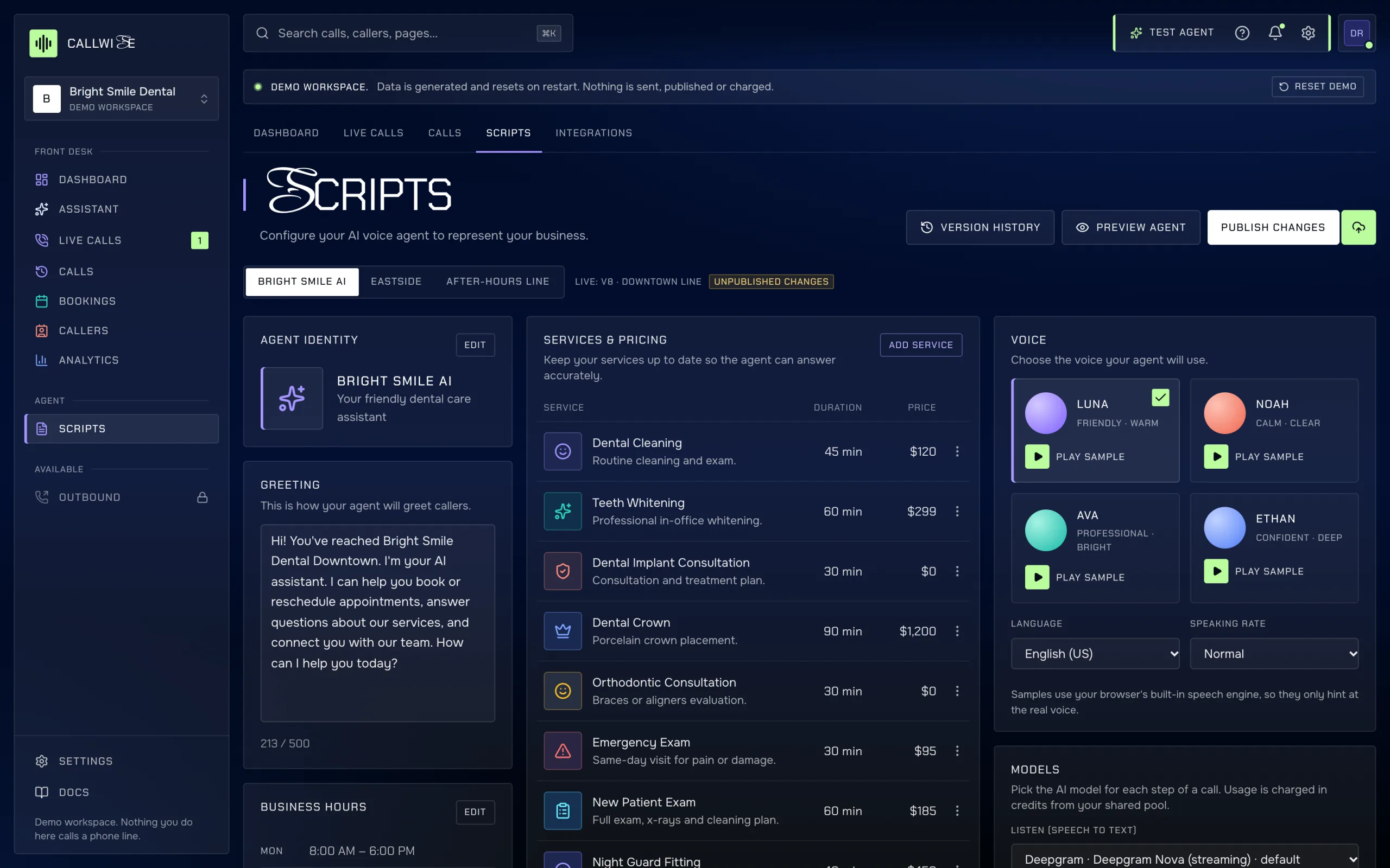Scripts page: agent identity, greeting, business hours, services and pricing, handoff rules, voice and test panel.