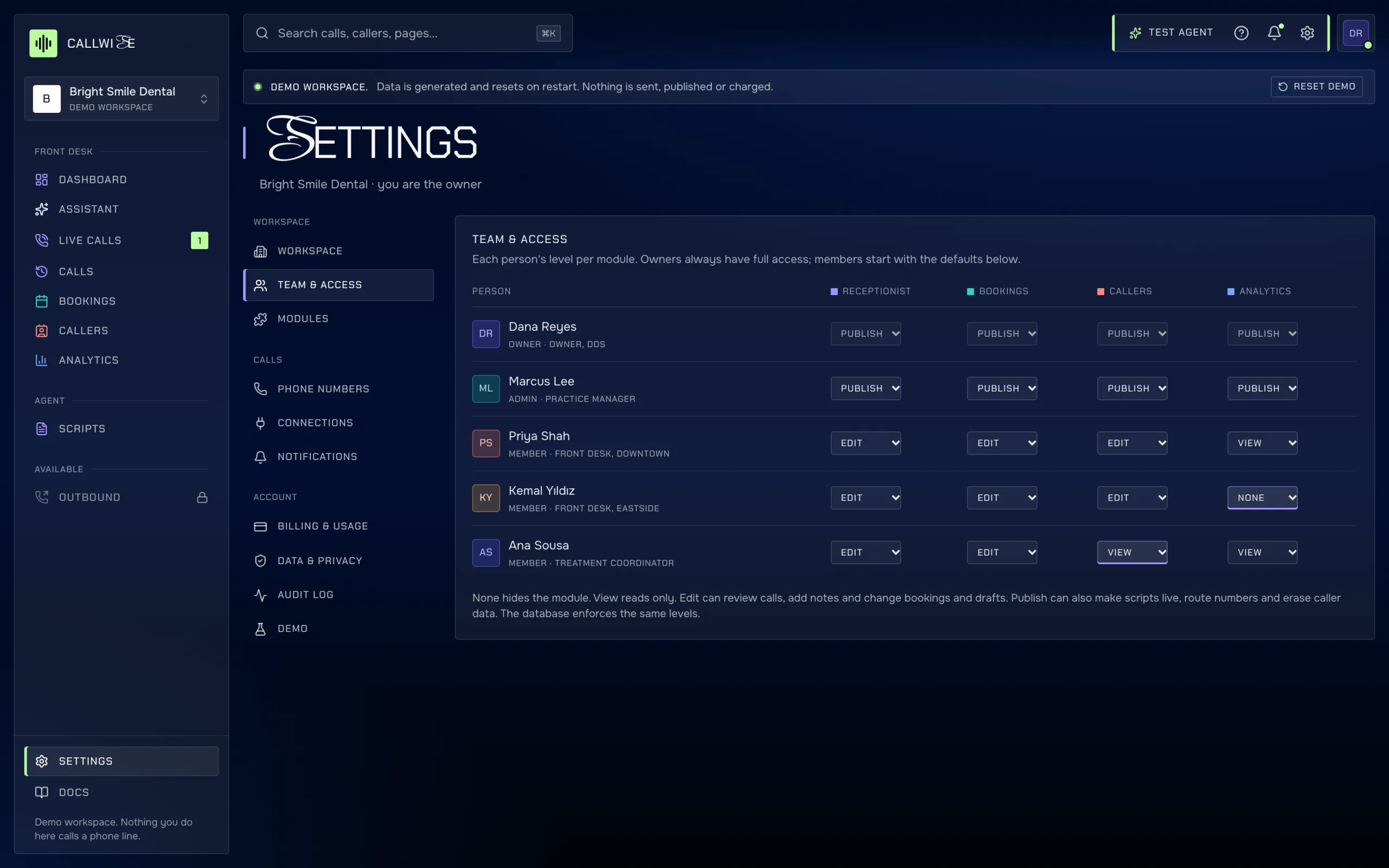 Settings page